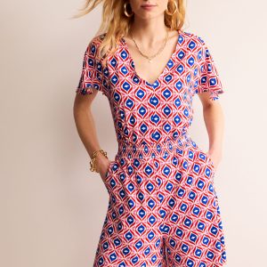 Smocked Jersey Playsuit-Rubicondo. Diamond Wave