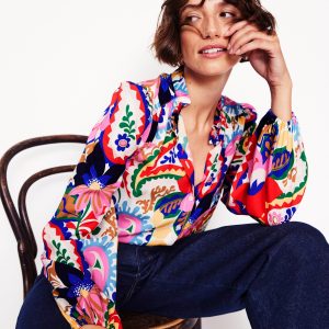 Ruffle Collar Blouse-Ivory. Botanical Paisley