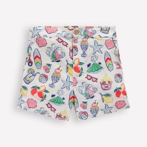 Cotton Linen Shorts-Ivory Holiday Print