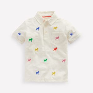 Embroidered Slub Polo Shirt-Ivory Rainbow Janet