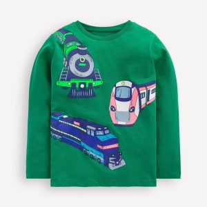 Long Sleeve Printed T-shirt-Pine Green Trains