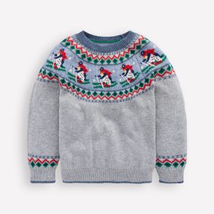 Fair Isle Jumper-Grey Marl Skiing Penguins