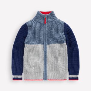 Chunky Zip-Through Jumper-Grey Marl Colour Block