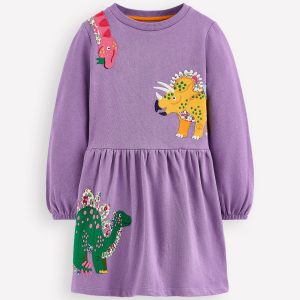 Applique Sweatshirt Dress-Aster Purple Dinosaurs