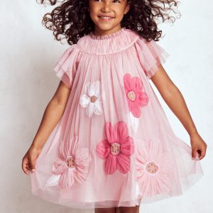 Appliqu??  Tulle Dress-Chalk Pink Flower