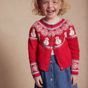 Edie Fair Isle Cardigan-Poppy Red Snowman