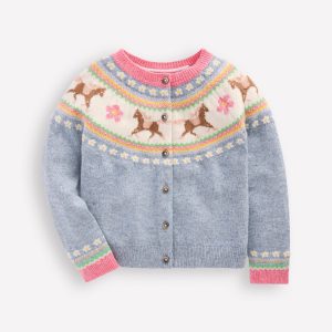 Edie Fair Isle Cardigan-Glacier Blue Marl Horses