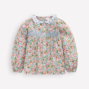 Scalloped Collar Smocked Shirt-Soft Ivory Berry Floral