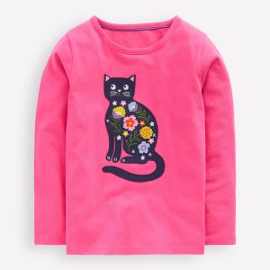 Long Sleeve Appliqu?? T-shirt-Sorbet Pink Cat