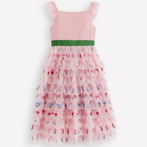 Embroidered Tulle Dress-Chalk Pink Flowers