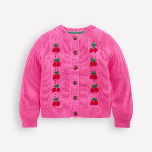 Embroidered Pointelle Cardigan-Rose Petal Pink Cherries