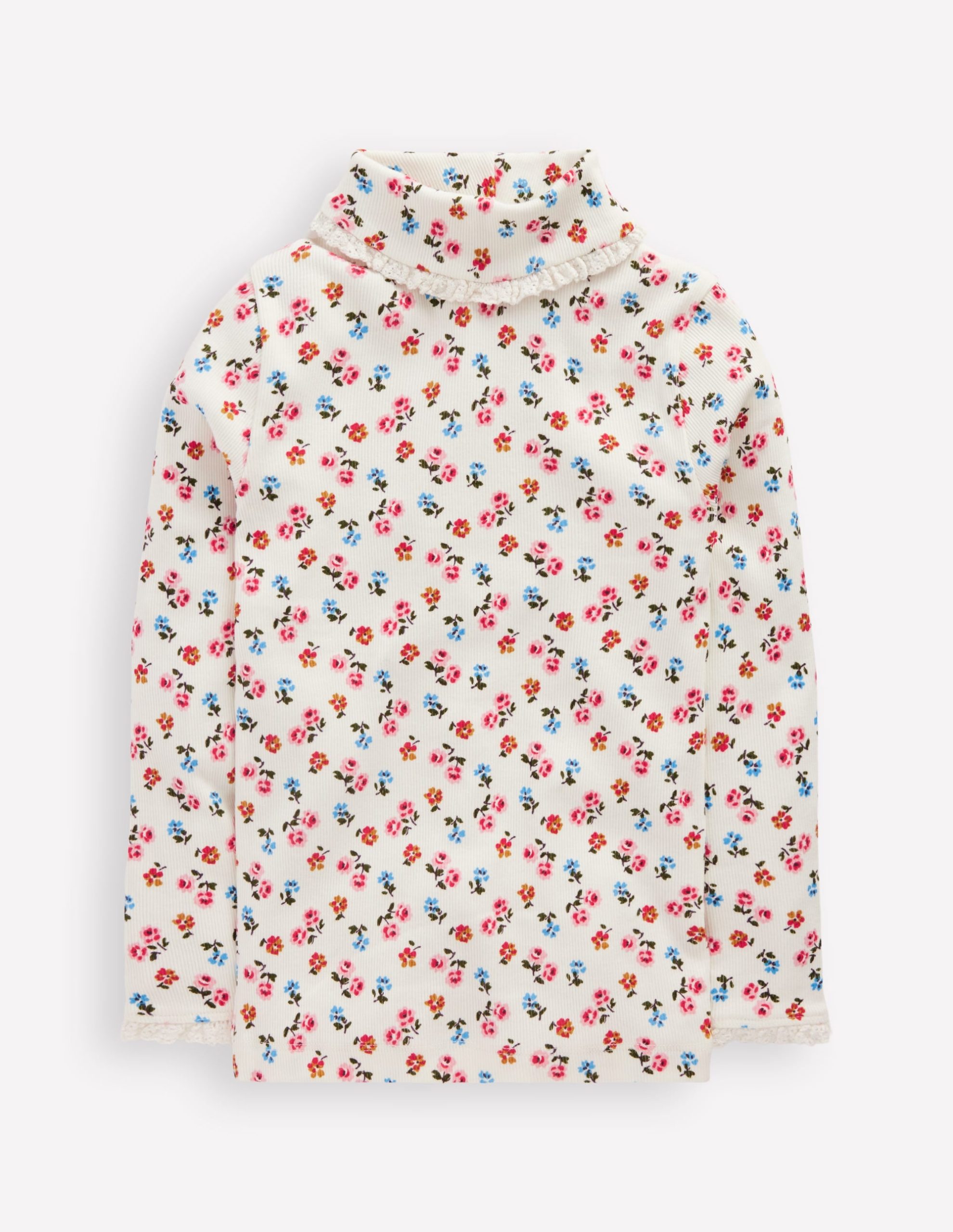 Ribbed Roll Neck Top-Soft Ivory Rose Sprig - Image 4