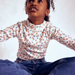 Ribbed Roll Neck Top-Soft Ivory Rose Sprig