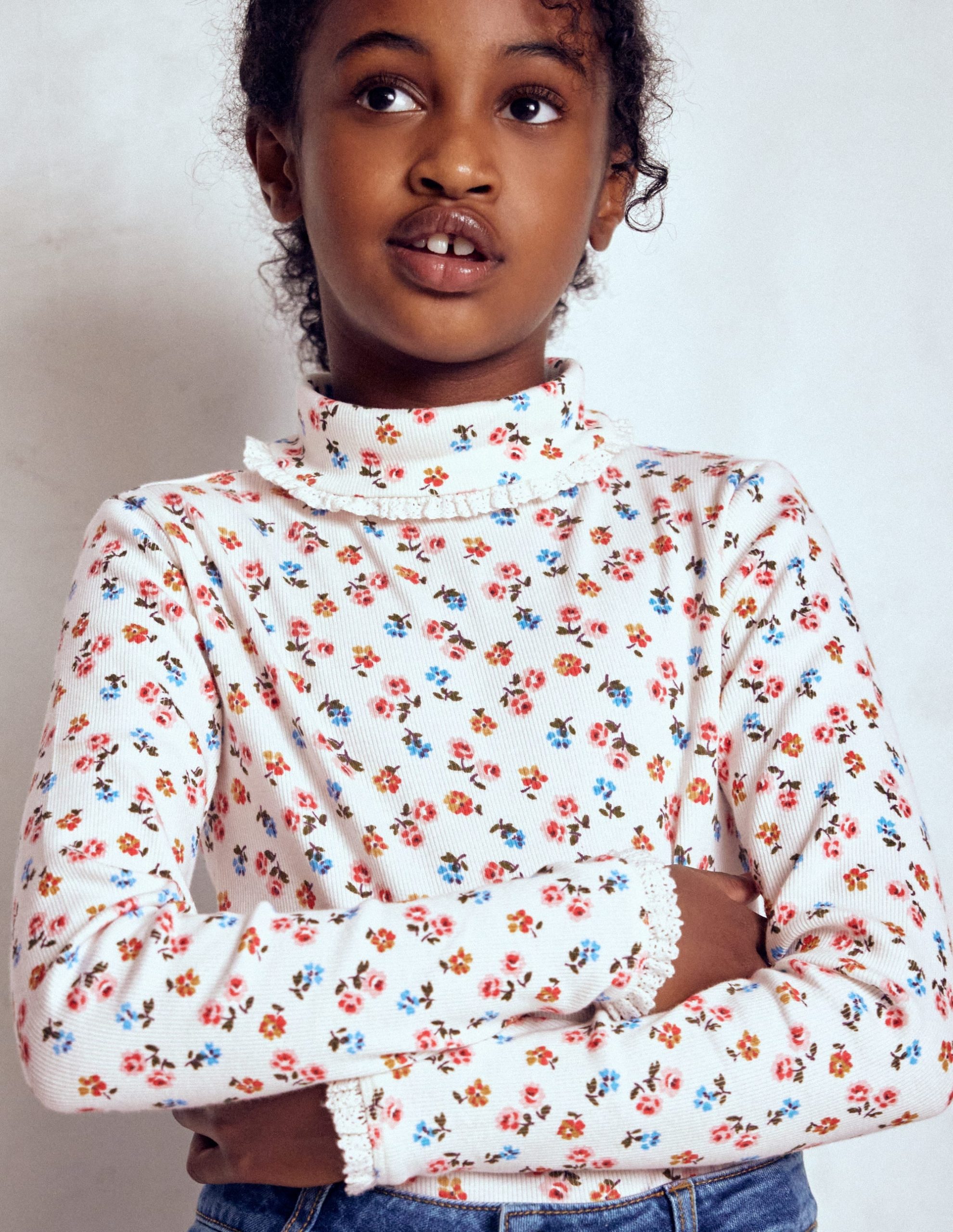 Ribbed Roll Neck Top-Soft Ivory Rose Sprig - Image 3