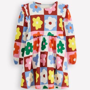 Posie Long Sleeve Jersey Dress-Multi Flower Check