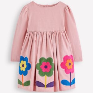 Corduroy Appliqu?? Dress-Almond Pink Flower