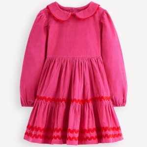 Cord Ric Rac Trim Dress-Raspberry Pink