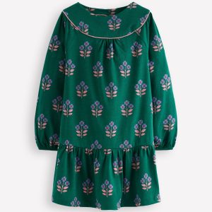 Curved Yoke Jersey Dress-Jewel Green Flower Stamp