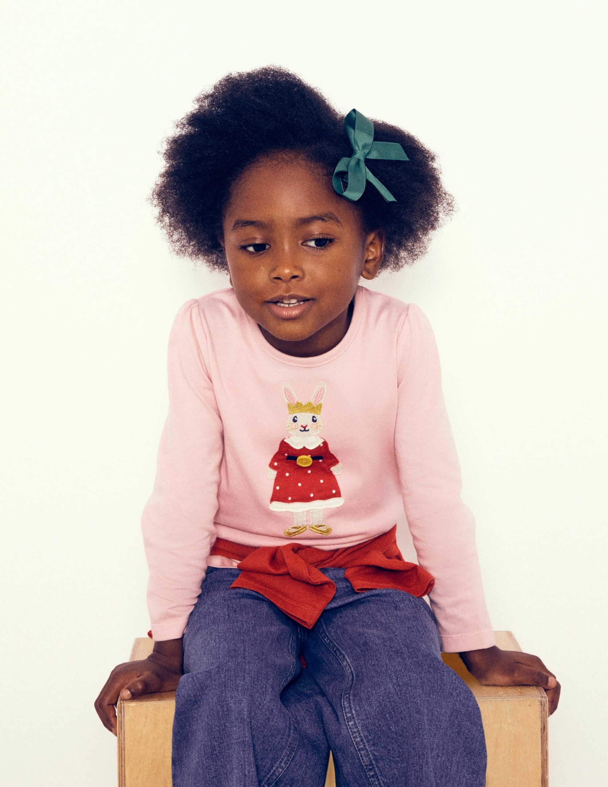 Puff Sleeve Dress Up Appliqu??-Vintage Pink Christmas Bunny