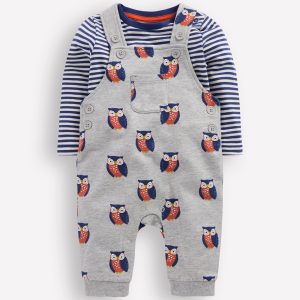 Printed Jersey Overalls Set-Grey Marl Owls