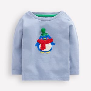 Long Sleeve Applique T-Shirt-Light Blue Penguin