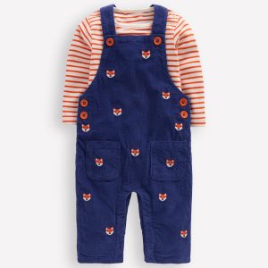 Novelty Cord Dungaree Set-Navy Fox Embroidery