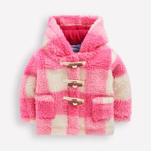 Girls Borg Duffle Coat-Pink Check