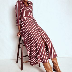Marcia Jersey Shirt Dress-Chestnut and Ivory Stripe