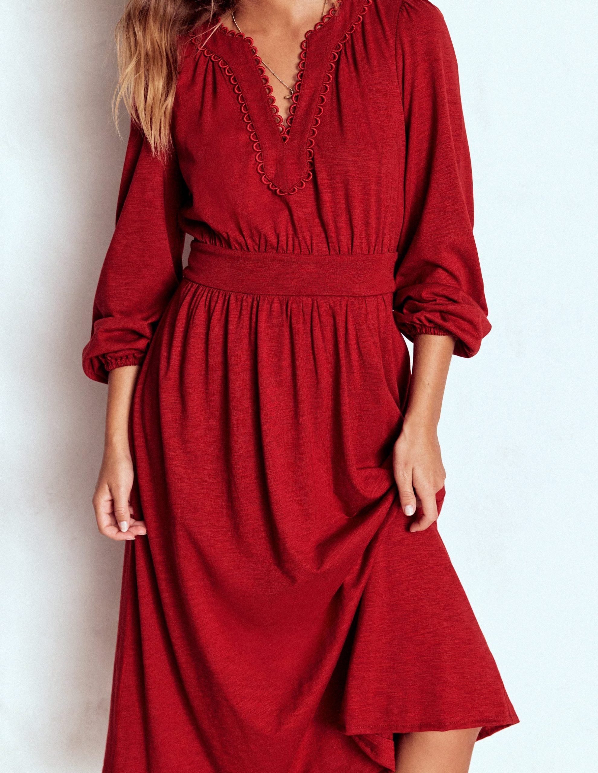 Maddie Picot Trim Midi Dress-Carmine Red - Image 3