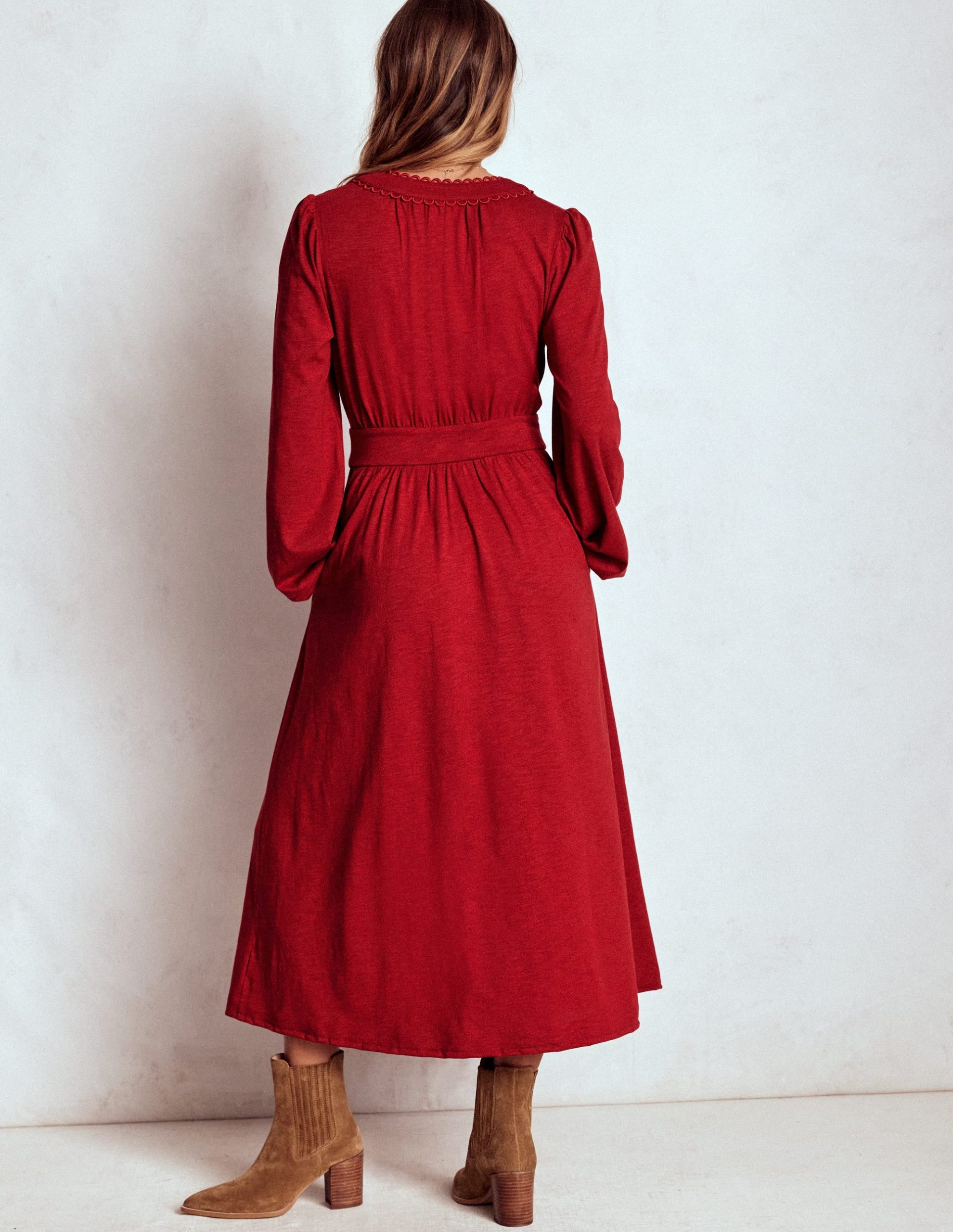 Maddie Picot Trim Midi Dress-Carmine Red - Image 4