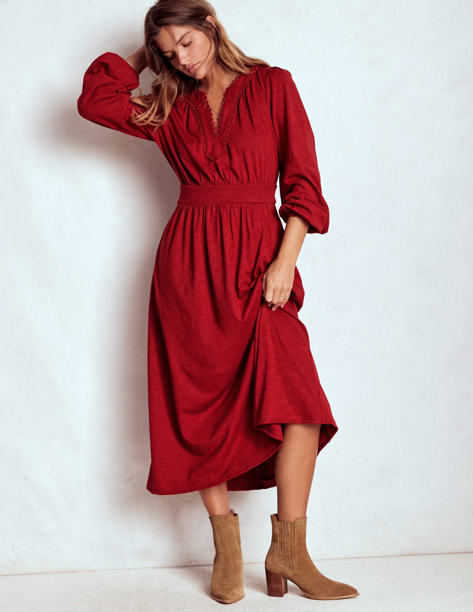 Maddie Picot Trim Midi Dress-Carmine Red - Image 5