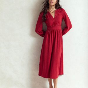 Maddie Picot Trim Midi Dress-Carmine Red