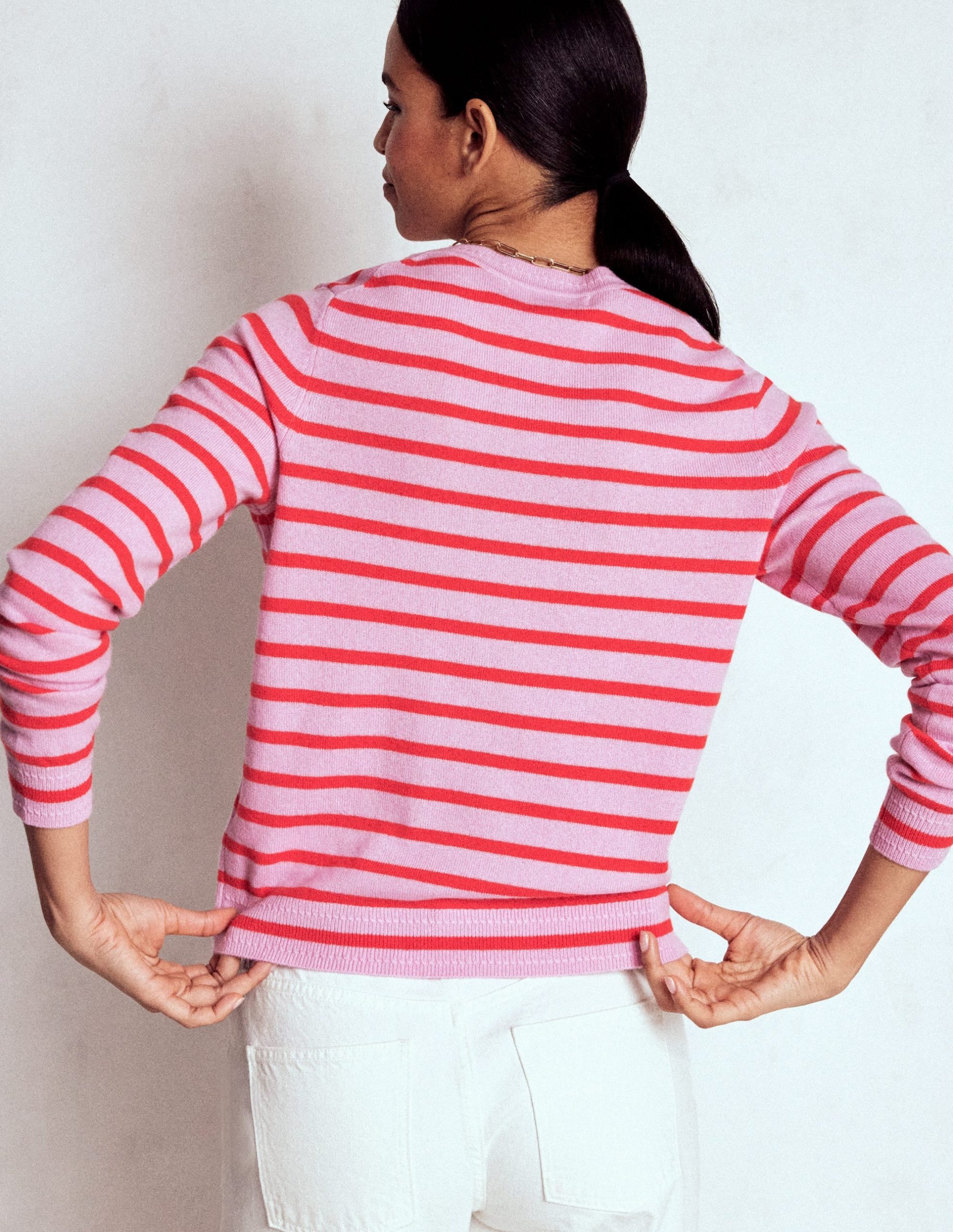 Eva Cashmere Crew Neck Sweater-Pink/ Orange Stripe - Image 3
