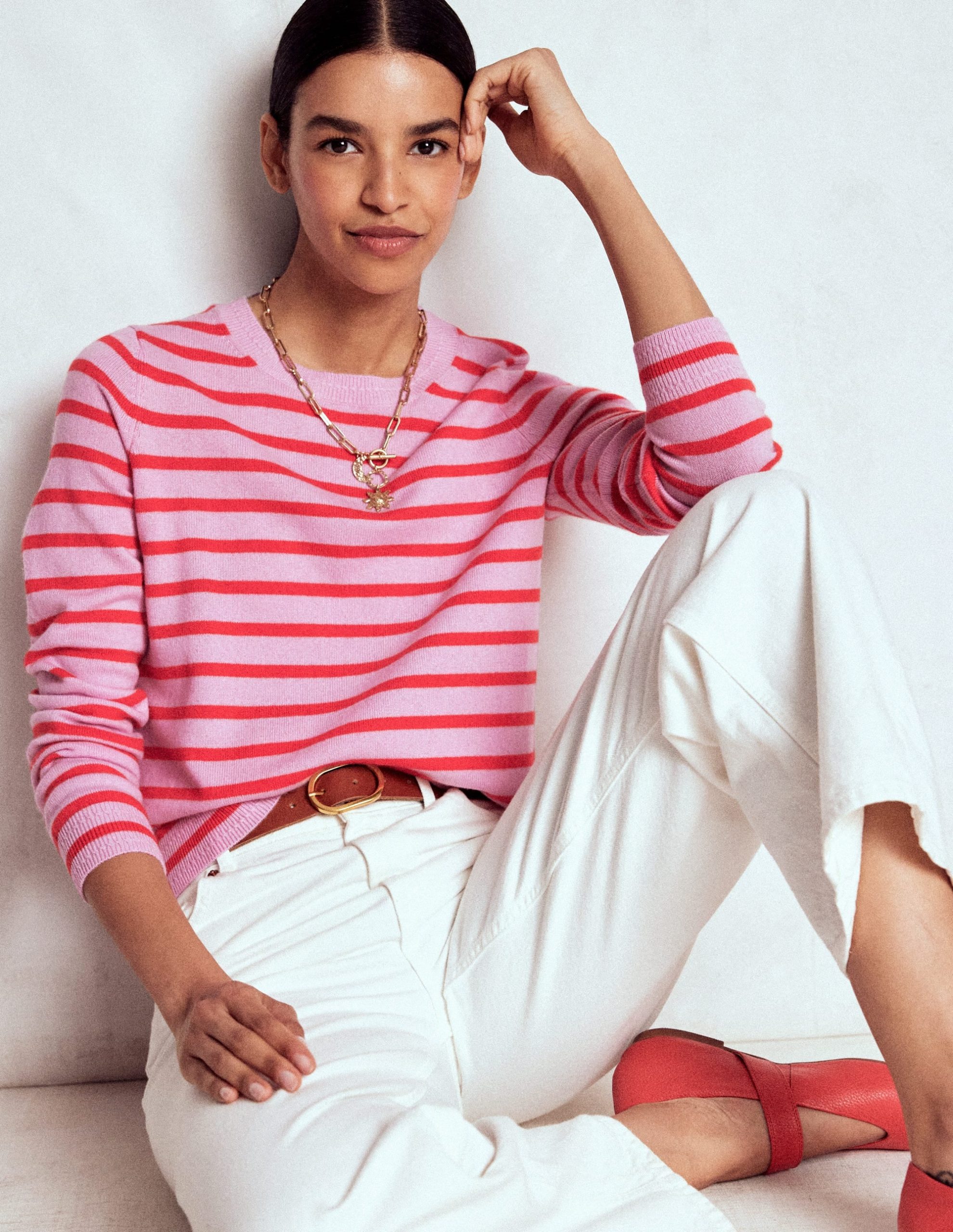 Eva Cashmere Crew Neck Sweater-Pink/ Orange Stripe - Image 4