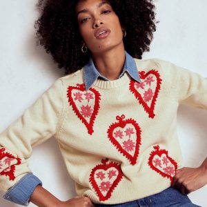 Graphic Embroidered Sweater-Warm Ivory. Hearts