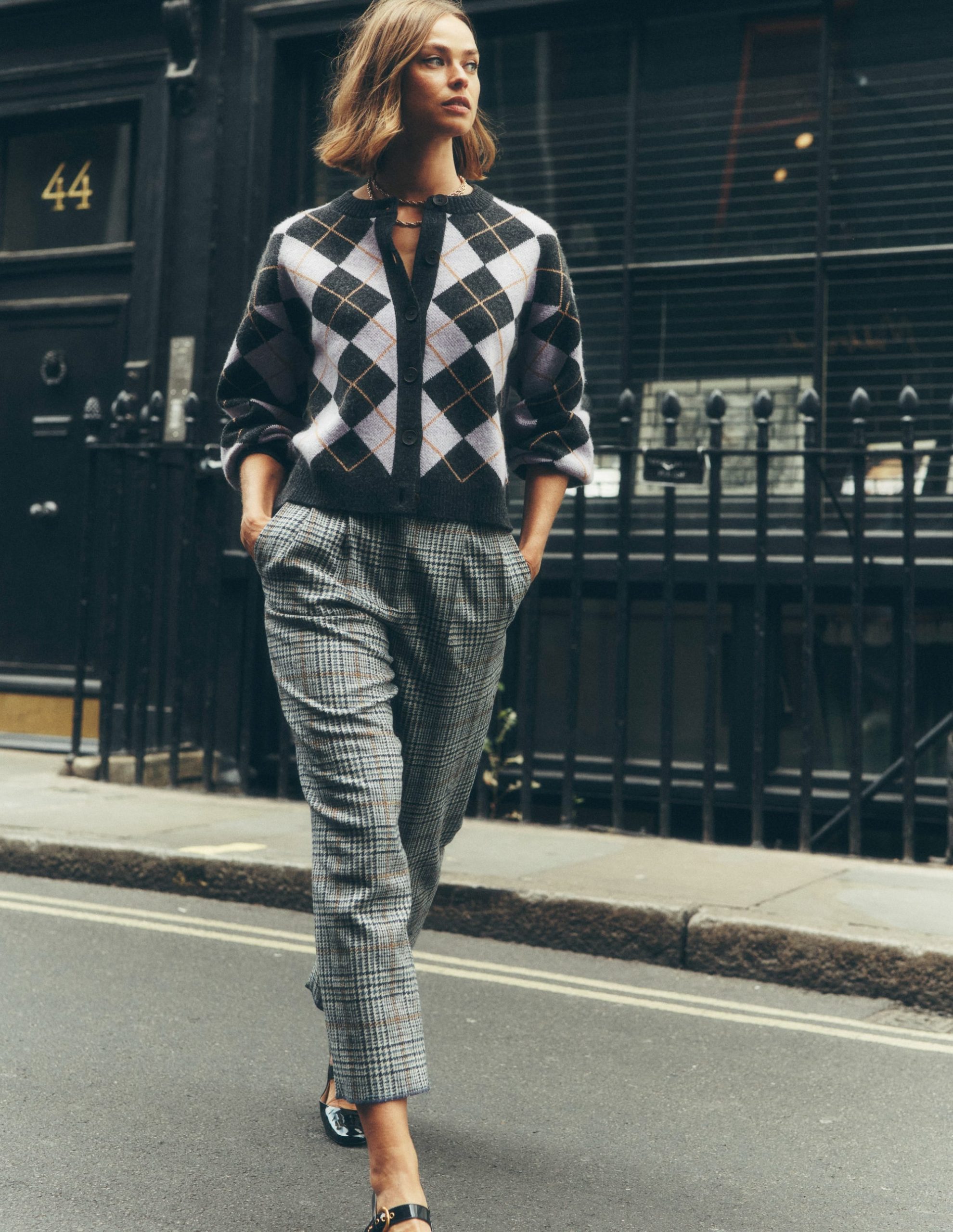 Abi Jacquard Cardigan-Lilac. Charcoal Melange Argyle - Image 6