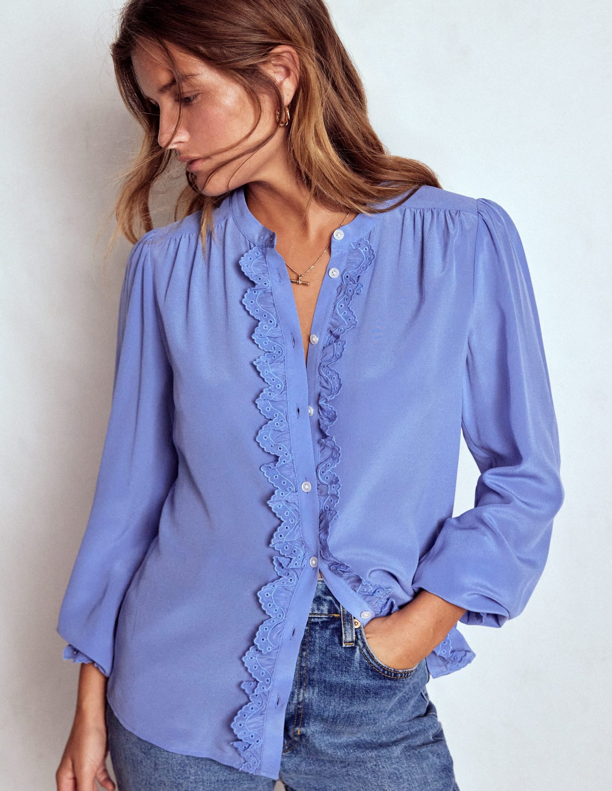 Alice Frill Front Silk Top-Soft Blue Broderie - Image 4