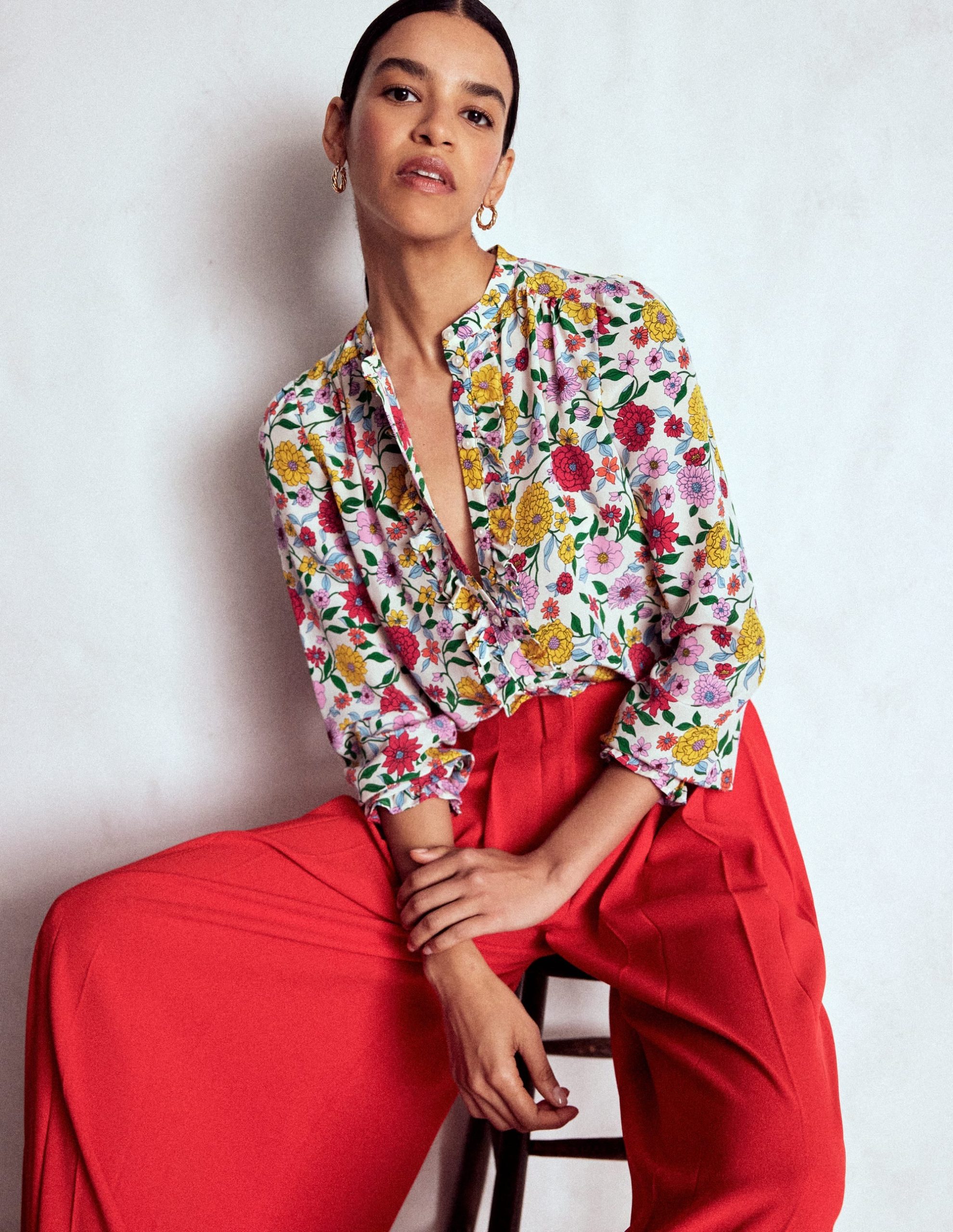 Alice Frill Front Silk Top-Multi. Dahlia Trail