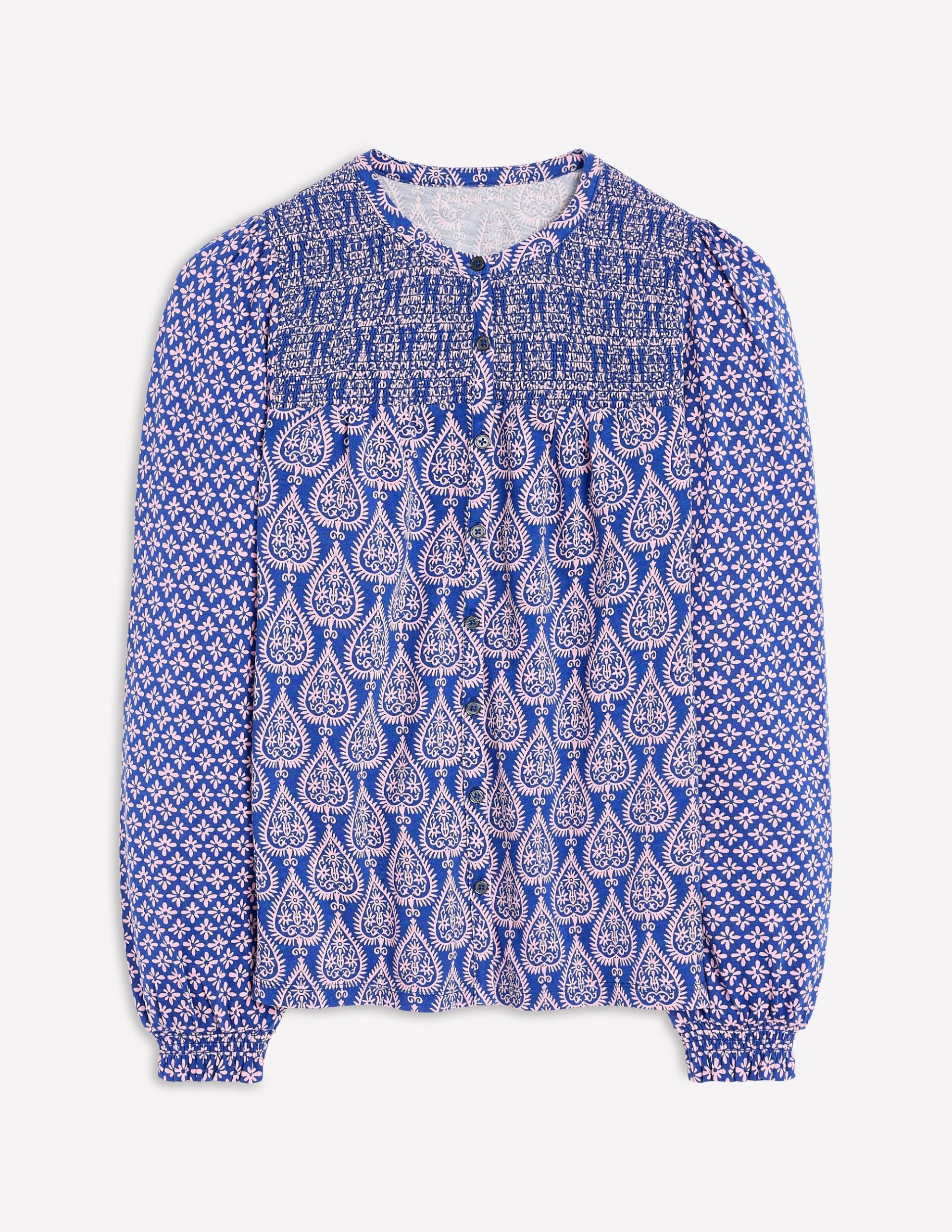 Elsa Smocked Yoke Jersey Shirt-Bright Blue. Ornate Geo - Image 5