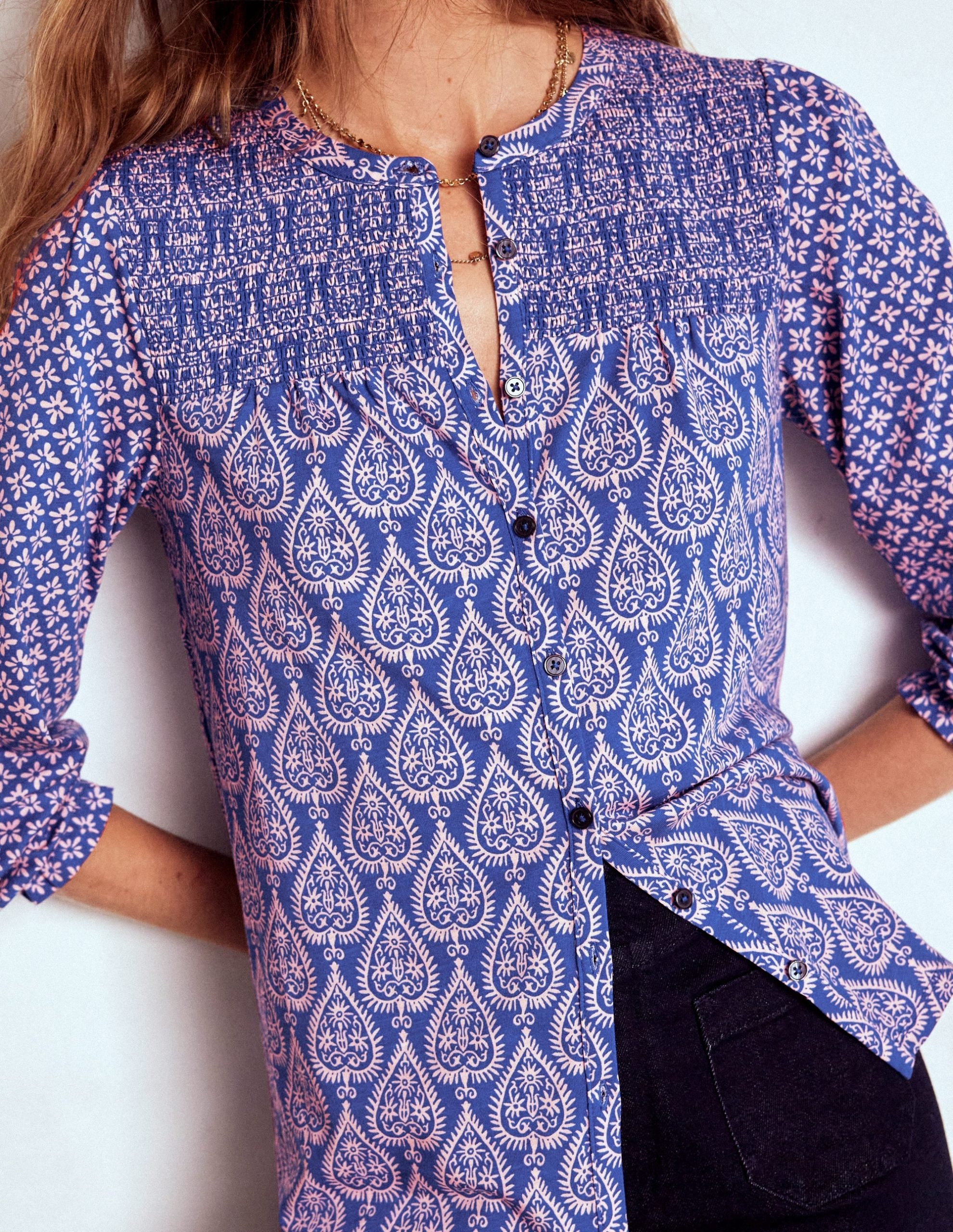 Elsa Smocked Yoke Jersey Shirt-Bright Blue. Ornate Geo - Image 2