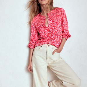 Elsa Smocked Yoke Jersey Shirt-Poppy Red. Ornate Vine