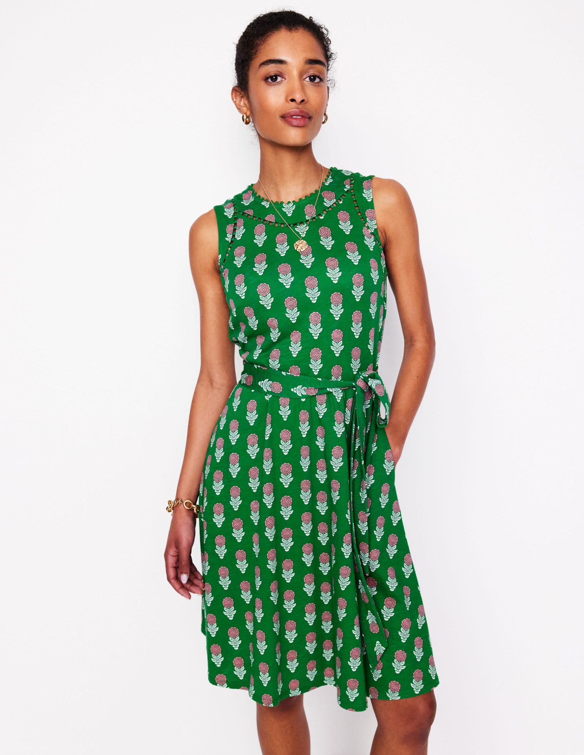 Mila Trim Short Jersey Dress-Rich Emerald. Dahlia Sprig