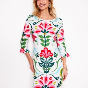 Linen Flute Sleeve Dress-Ivory. Decorative Stems