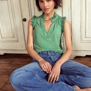 Aria Broderie Trim Vest-Aloe Green