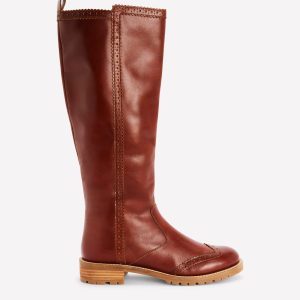 Brogue Detail Knee Boots-Tan