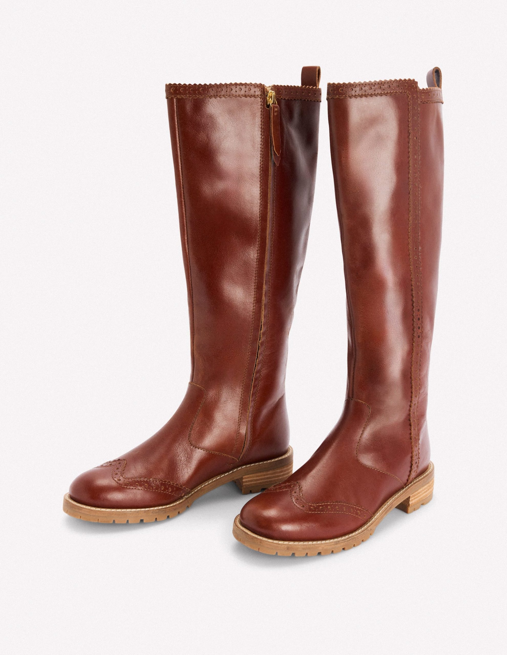 Brogue Detail Knee Boots-Tan - Image 4