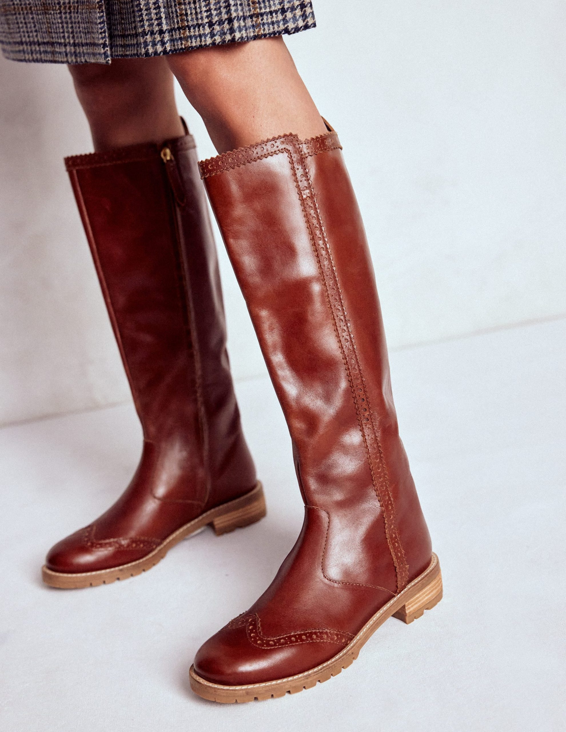 Brogue Detail Knee Boots-Tan - Image 2