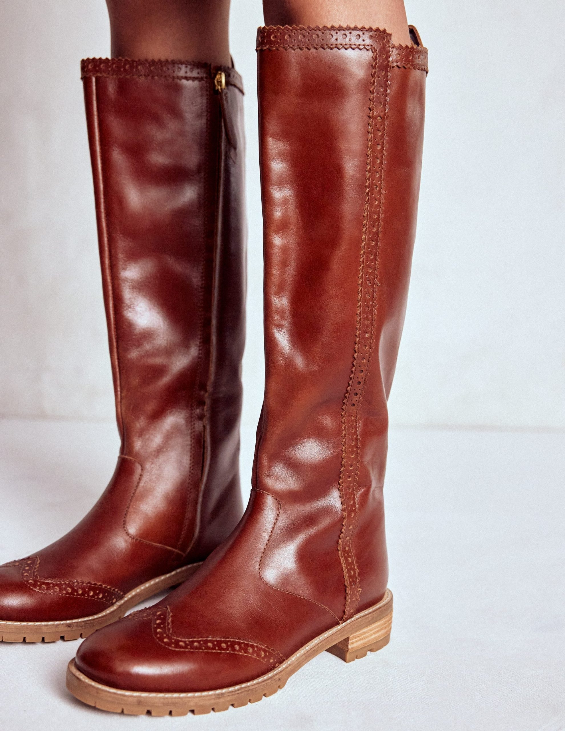 Brogue Detail Knee Boots-Tan - Image 3