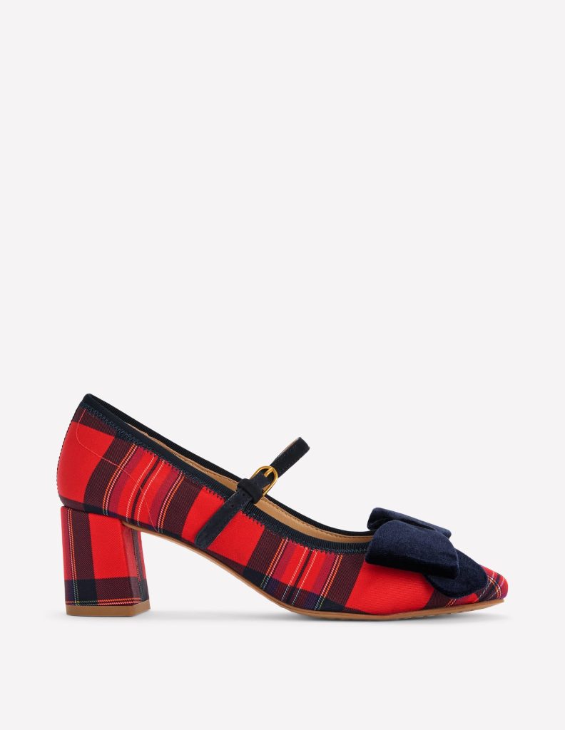 Embellished Bow Block Heels-Red Tartan