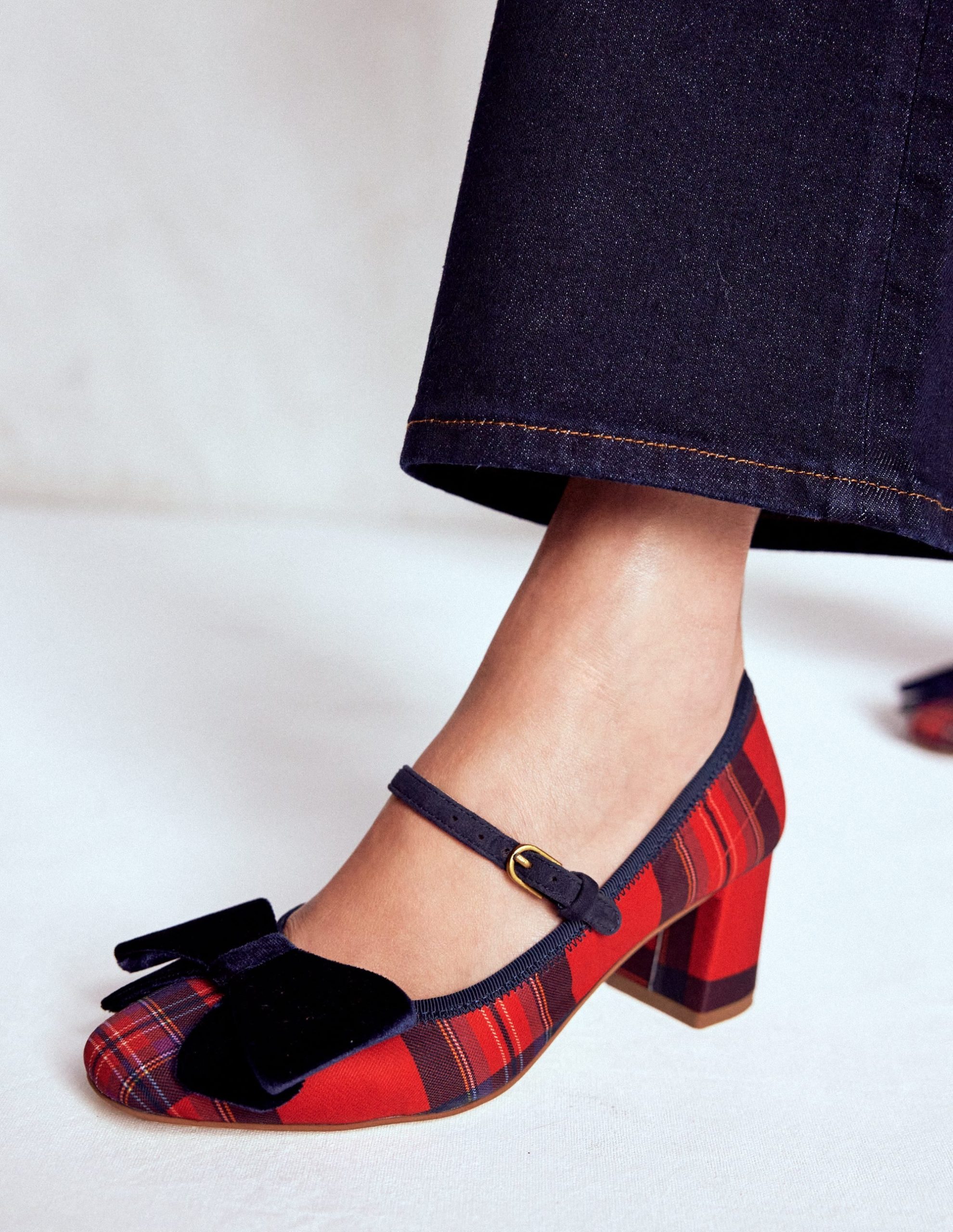 Embellished Bow Block Heels-Red Tartan - Image 2